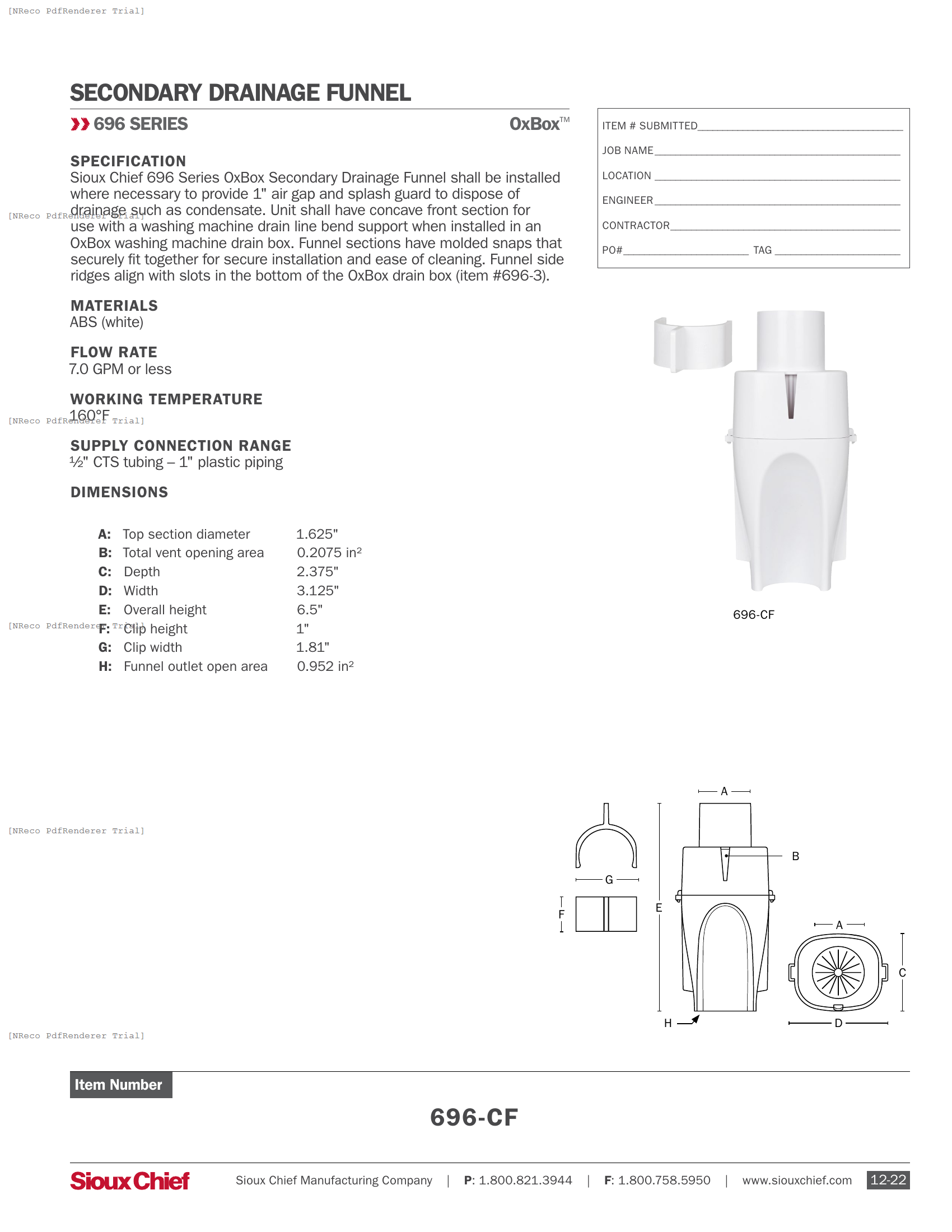 696-CF - OXBOX SECONDARY DRAINAGE FUNNEL - SPEC SHEET.PDF Specification Document